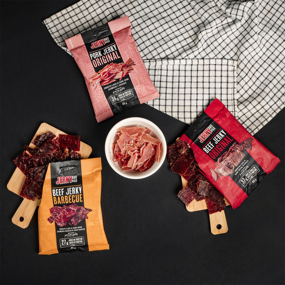 Jerky And Go Mezcla: 1 Jerky and Go Beef Jerky Original de 45g, 1 Jerky and Go Beef Jerky Barbecue de 45g, 1 Jerky and Go Pork Jerky Original de 45g 