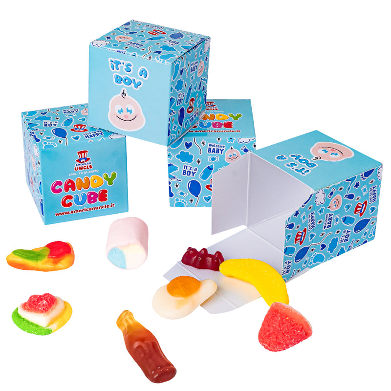 Candy Cube Kit “It’s a boy”, cajitas de gominolas de 50g ideales para el baby shower o nacimiento (25, 50 o 75 pz)