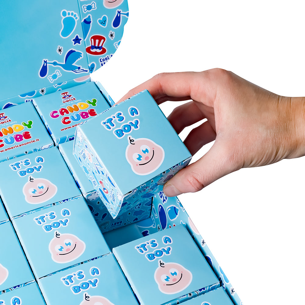 Candy Cube Kit “It’s a boy”, cajitas de caramelos gomosos de 50g ideales para el baby shower o nacimiento (25, 50 o 75 uds) 