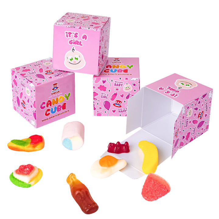 Candy Cube Kit “Es una niña”, cajitas de caramelos gomosos de 50g ideales para el baby shower o nacimiento (25, 50 o 75 pz) 