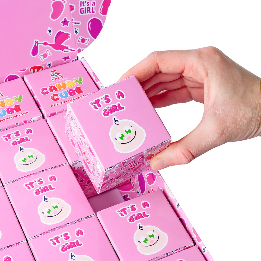 Candy Cube Kit “Es una niña”, cajitas de caramelos gomosos de 50g ideales para el baby shower o nacimiento (25, 50 o 75 pz) 