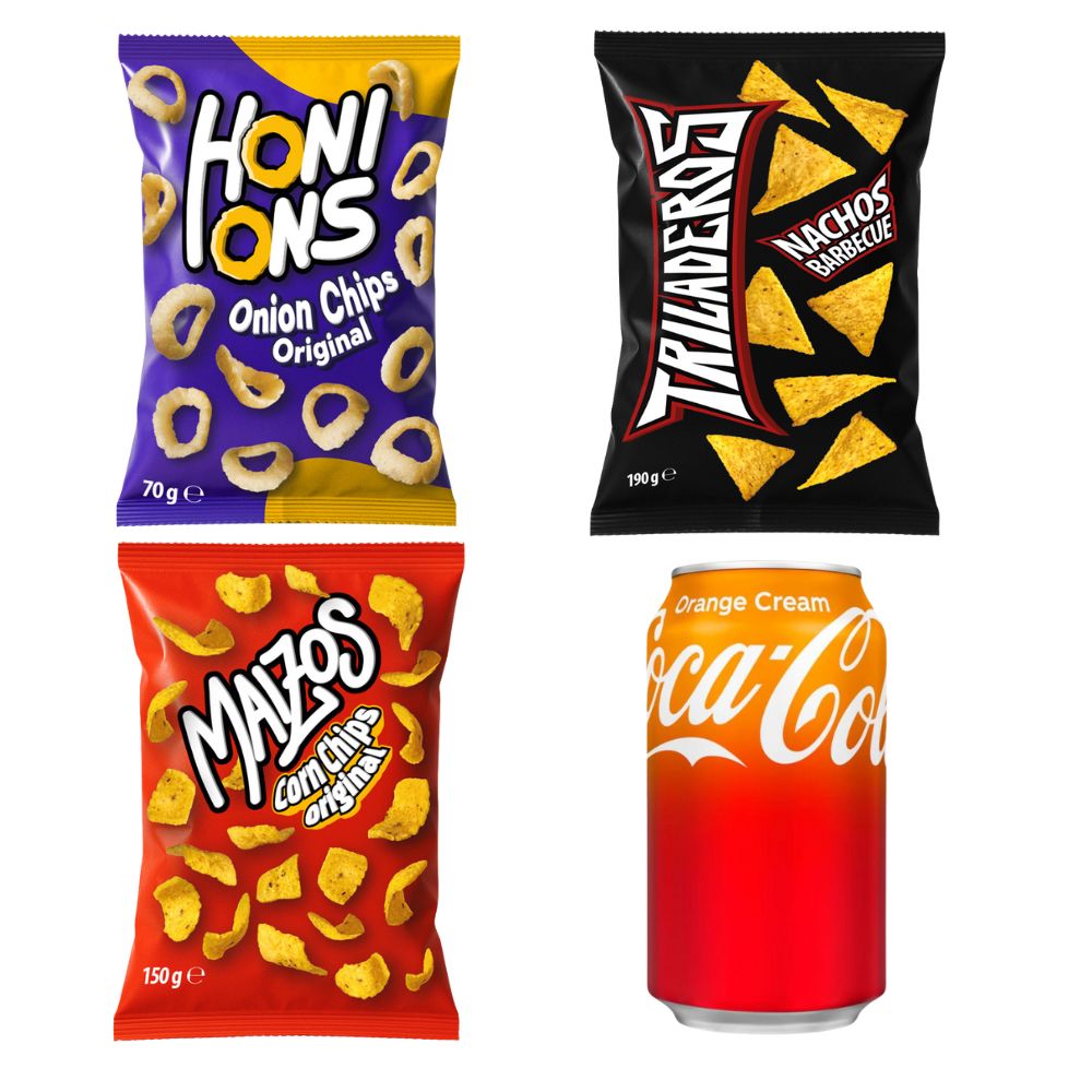Kit Aperitivo: 1 Honions Onion Rings de 70g, 1 Triladeros Nachos BBQ de 190g, 1 Maizos Corn Chips Original de 150g, 1 Coca Cola Orange Cream de 355ml 