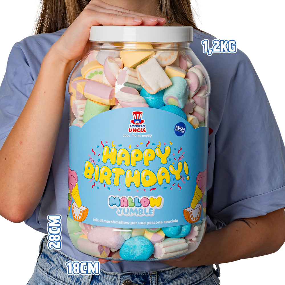Mallow Jumble “Feliz Cumpleaños”, tarro de marshmallow para componer con tus sabores favoritos 