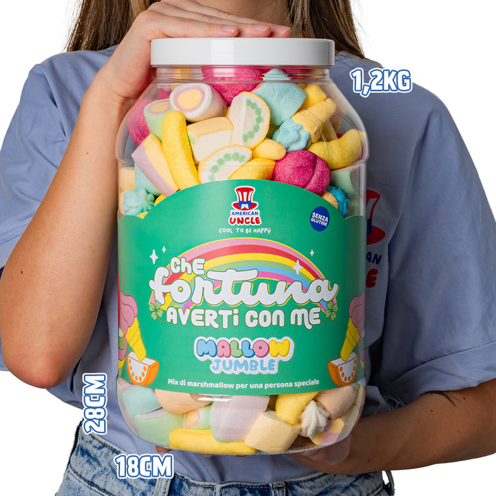 Mallow Jumble “Qué suerte tenerte conmigo”, tarro de marshmallow para componer con tus sabores preferidos 