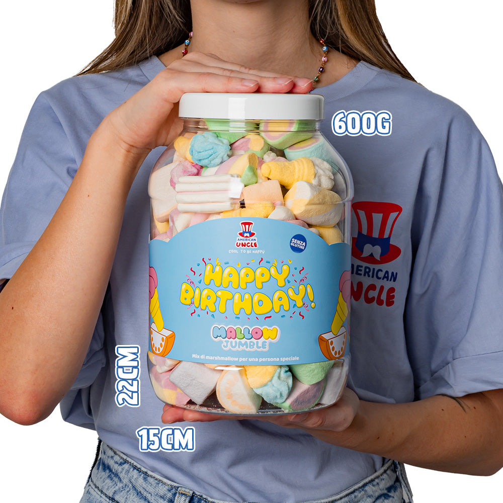 Mallow Jumble “Feliz Cumpleaños”, tarro de marshmallow para componer con tus sabores favoritos 