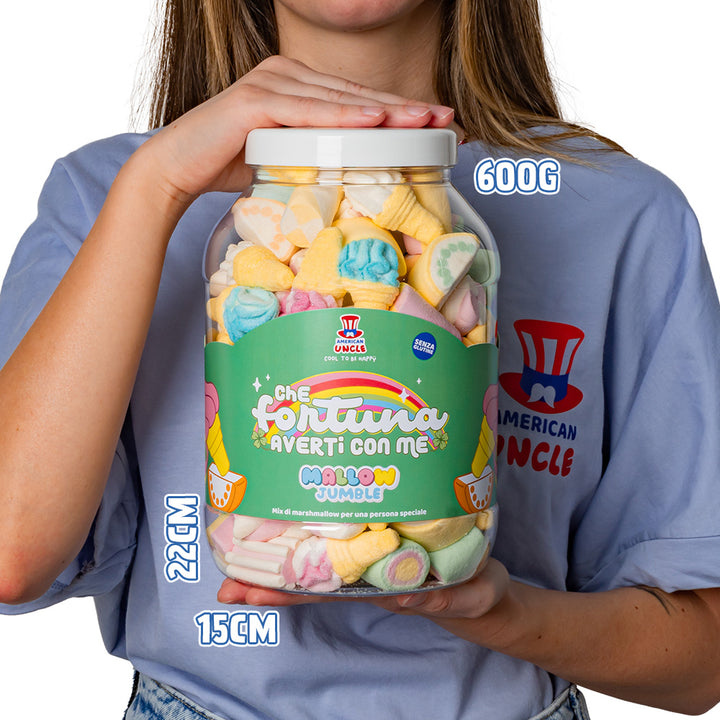 Mallow Jumble “Qué suerte tenerte conmigo”, tarro de marshmallow para componer con tus sabores preferidos 