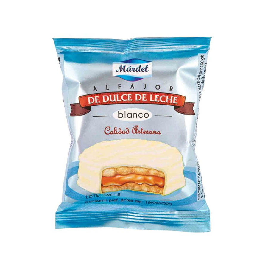Mardel Alfajores Blanco, biscotto con caramello al latte ricoperto di cioccolato bianco da 50g.