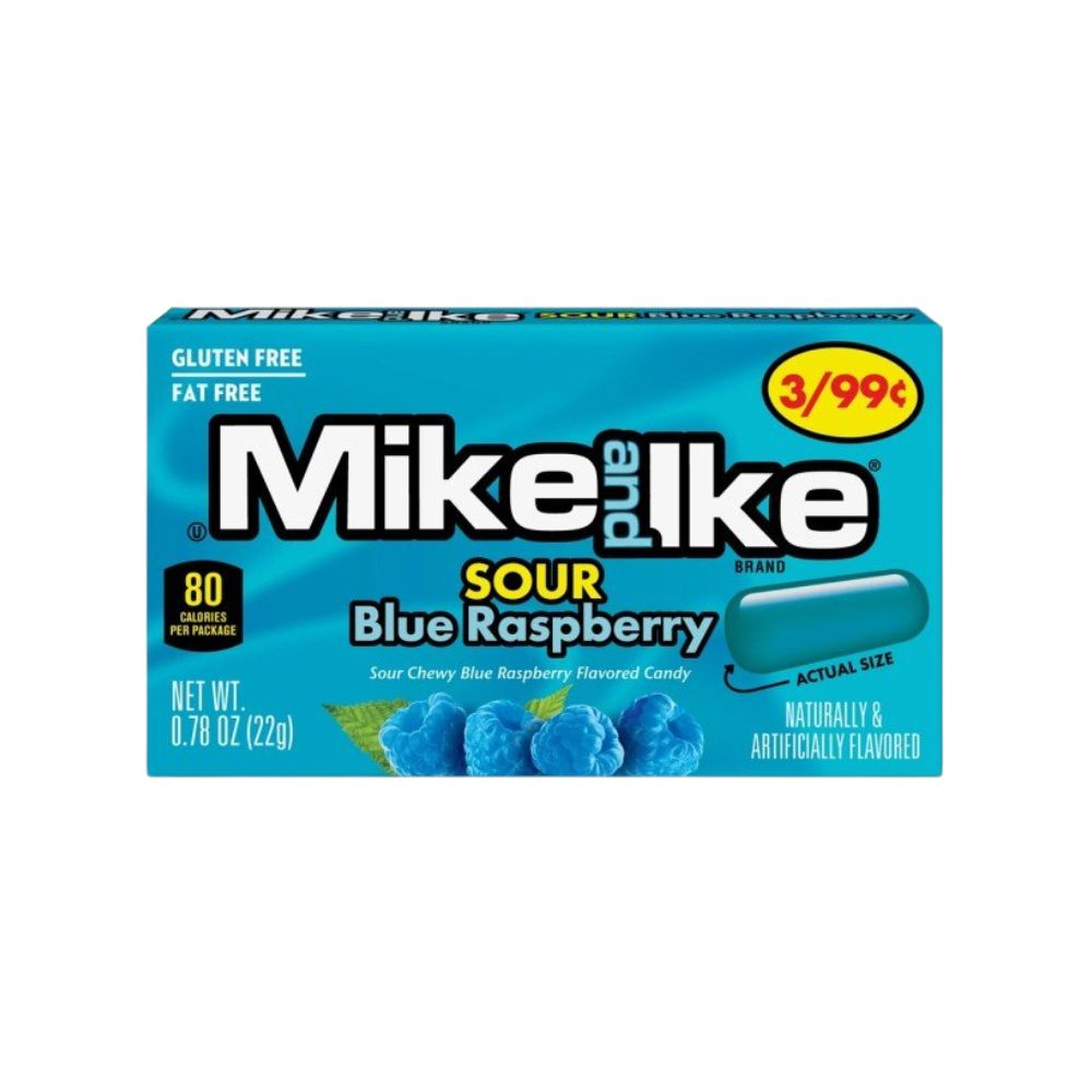 Mike and Ike Sour Blue Raspberry, caramelos con sabor a frambuesa de 22g.