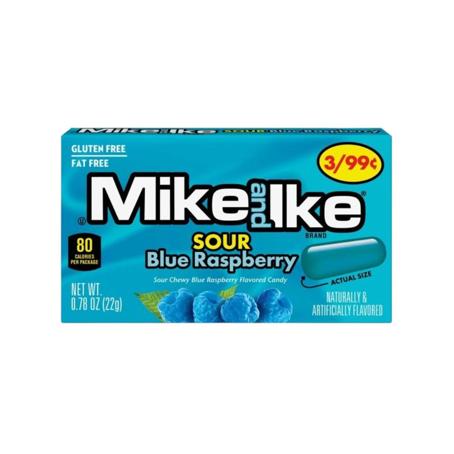 Mike and Ike Sour Blue Raspberry, caramelos con sabor a frambuesa de 22g.
