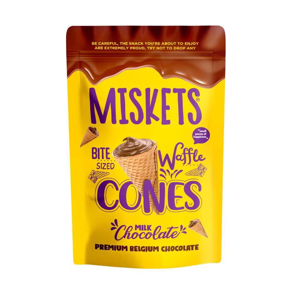 Miskets Cones With Milk Chocolate, coni di cialda con ripieno di cioccolato al latte da 70g.