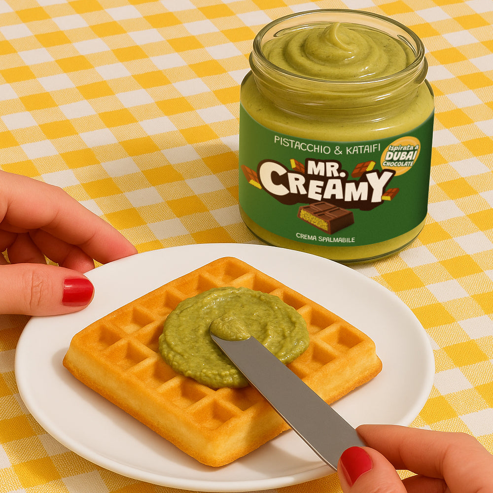 Confezione da 200g di crema spalmabile pistacchio e kataifi Mr. Creamy mentre viene spalmata su un waffle