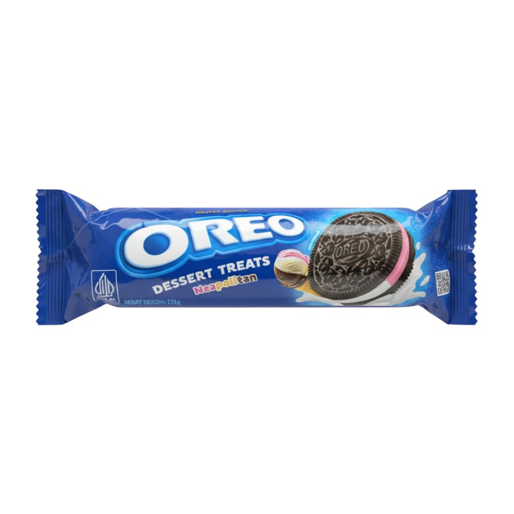 Oreo Dessert Treats Neapolitan Edición Limitada, galletas con crema de sabor a vainilla, fresa y chocolate de 131g.