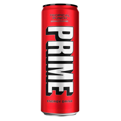 Confezione da 330ml die energy drink al gusto di frutta tropicale Prime.