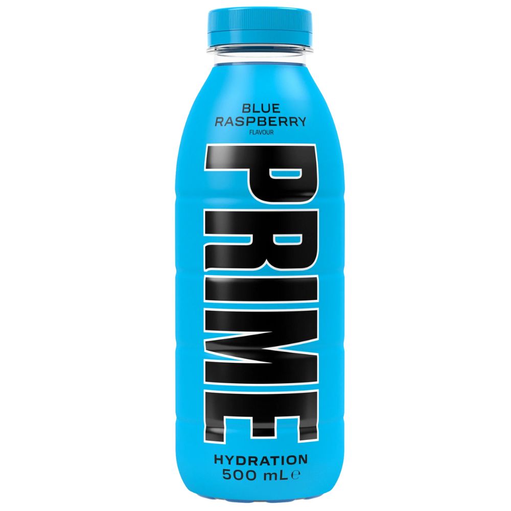 Confezione da 500ml di energy drink di Paul Logan al gusto lampone Prime Hydration Blue Raspberry