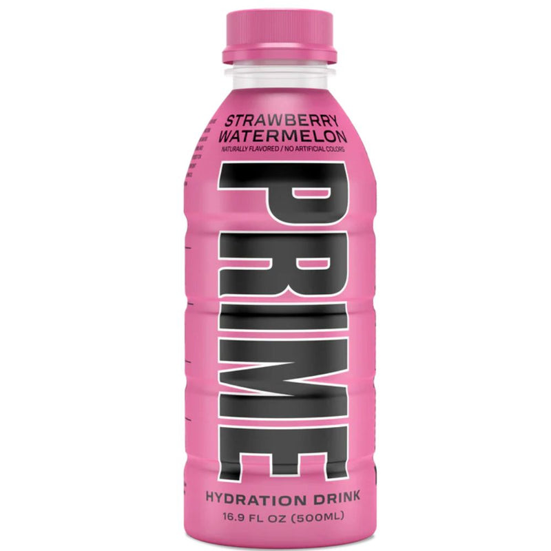 Confezione da 500ml energy drink al gusto di fragola e anguria Prime.