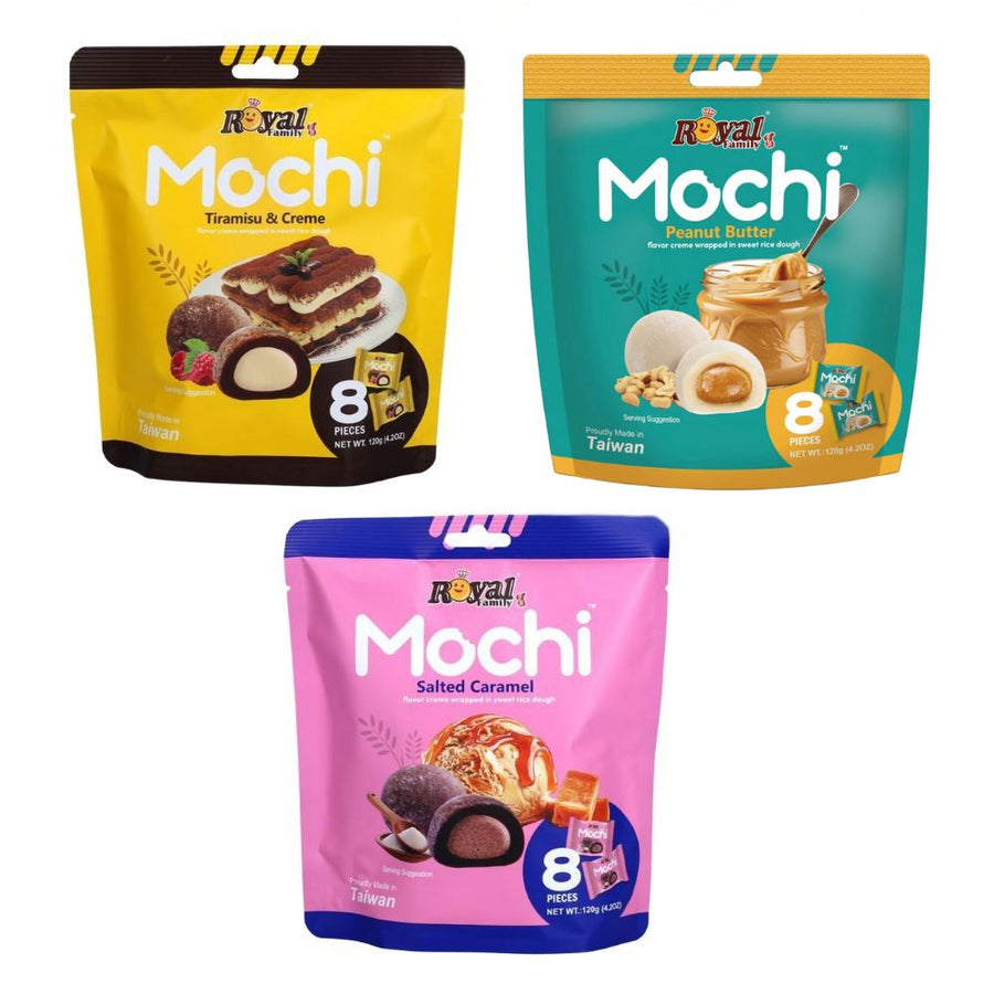 Royal Family Mochi Mix: Tiramisu & Creme da 120g, Royal Family Mochi Peanut Butter 120g, Royal Family Mochi Salted Caramel da 120g