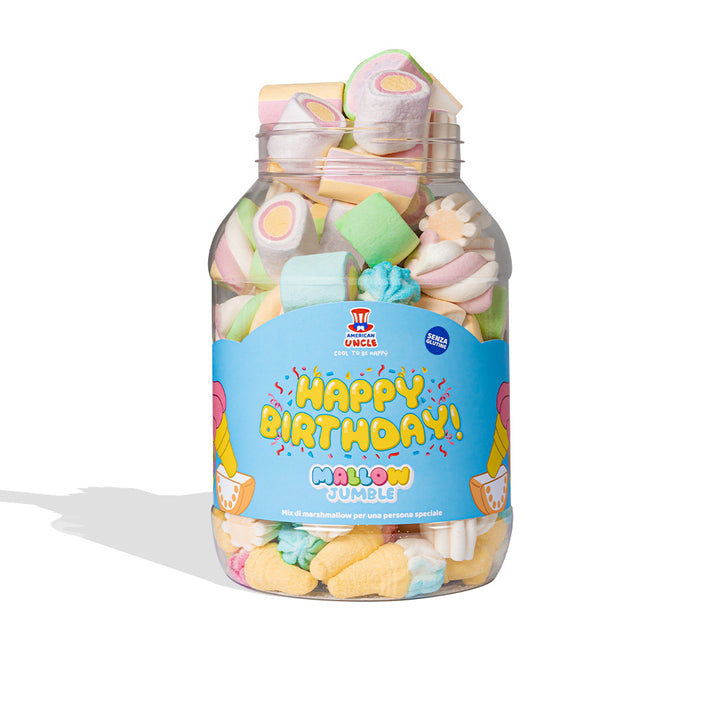 Mallow Jumble “Feliz Cumpleaños”, tarro de marshmallow para componer con tus sabores favoritos 
