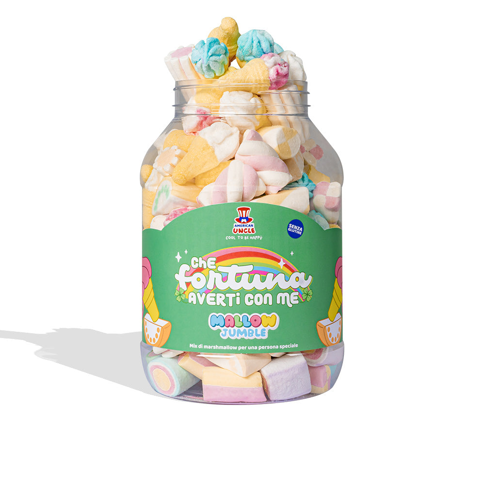 Mallow Jumble “Qué suerte tenerte conmigo”, tarro de marshmallow para componer con tus sabores preferidos 