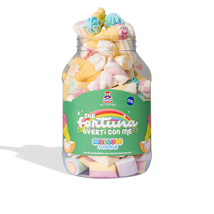 Mallow Jumble “Qué suerte tenerte conmigo”, tarro de marshmallow para componer con tus sabores preferidos 