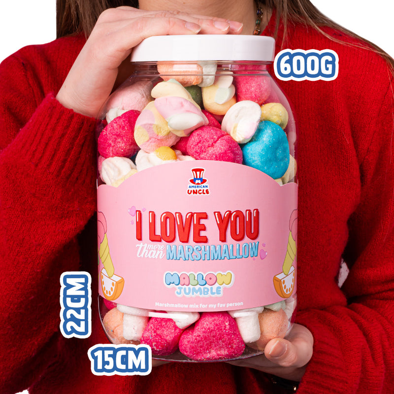 Mallow Jumble "I love you more than marshmallow", frasco de marshmallows para personalizar con tus sabores favoritos.