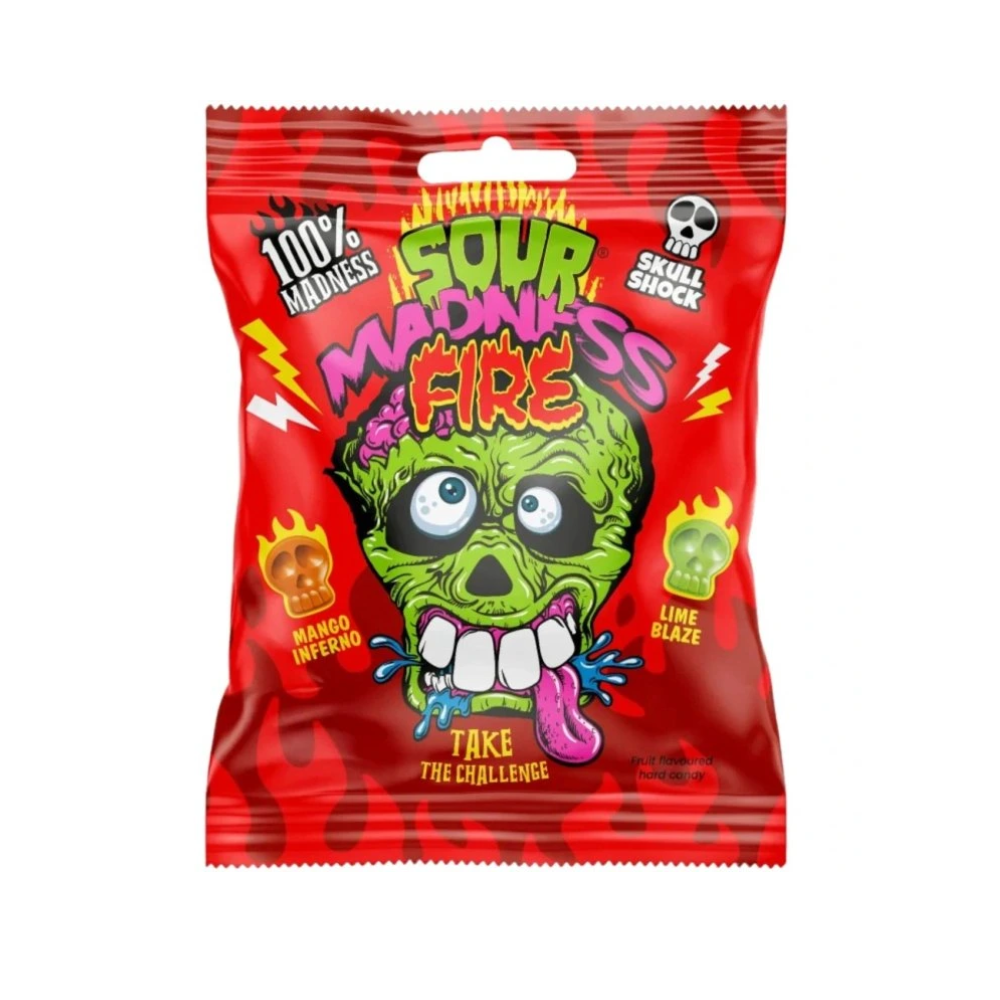 Sour Madness Fire, caramelos duros picantes con sabor a mango y lima de 60 g 