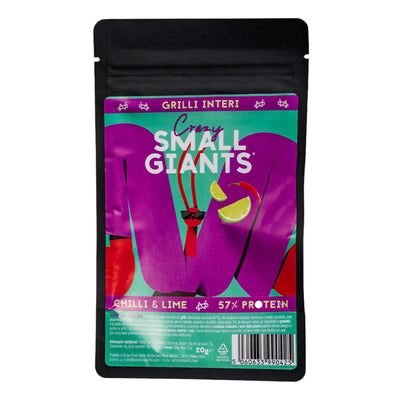 Confezione da 20g, grilli essiccati aromatizzati al chilli e lime Crazy Small Giants.