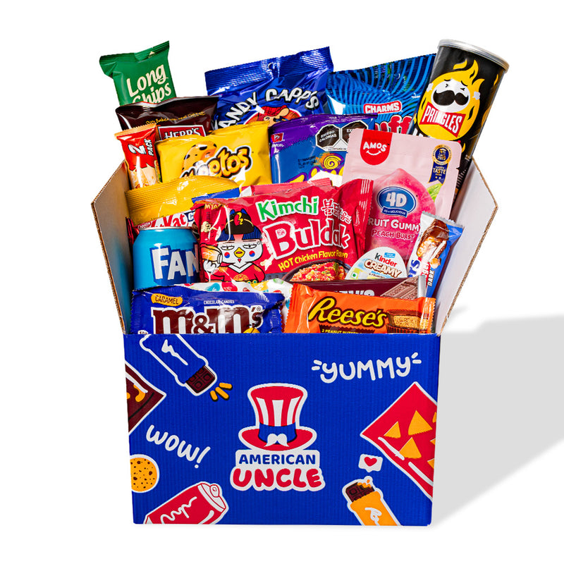 Snack box de al menos 40 productos internacionales: dulce, salado y bebidas 