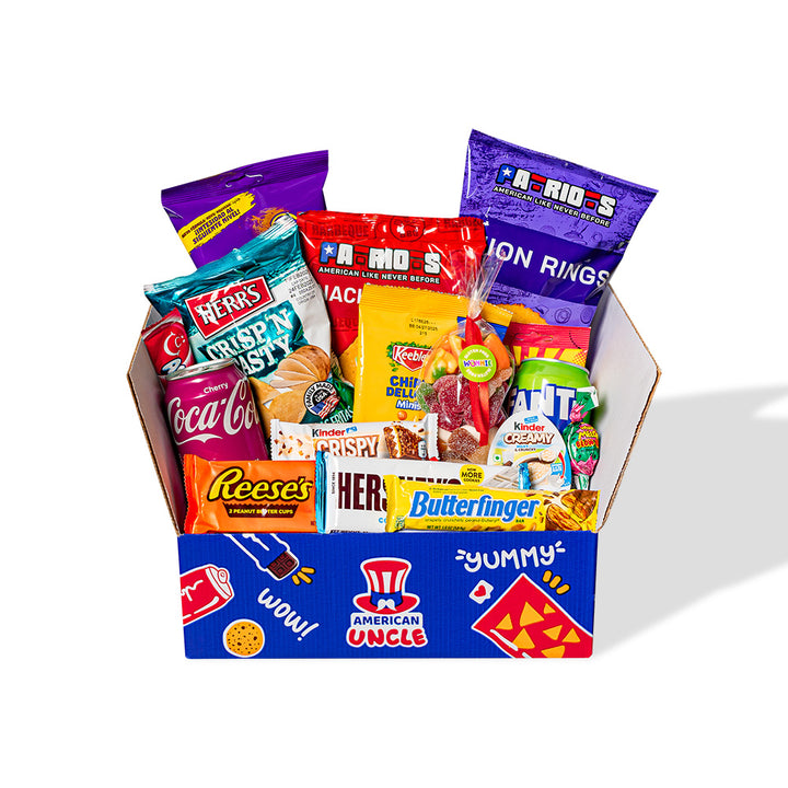Snack box de al menos 20 productos internacionales: dulce, salado y bebidas 