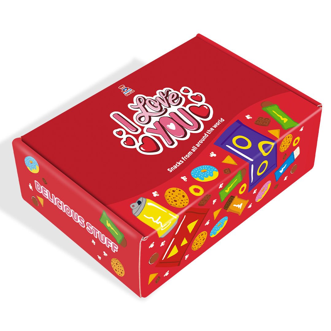 Snack Box "Te quiero", caja sorpresa de 20 snack dulces, salados y bebidas 