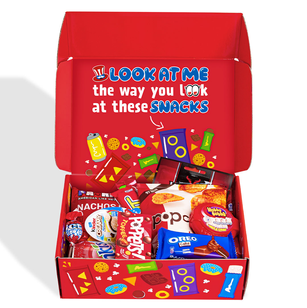 Snack Box "Te quiero", caja sorpresa de 20 snack dulces, salados y bebidas 