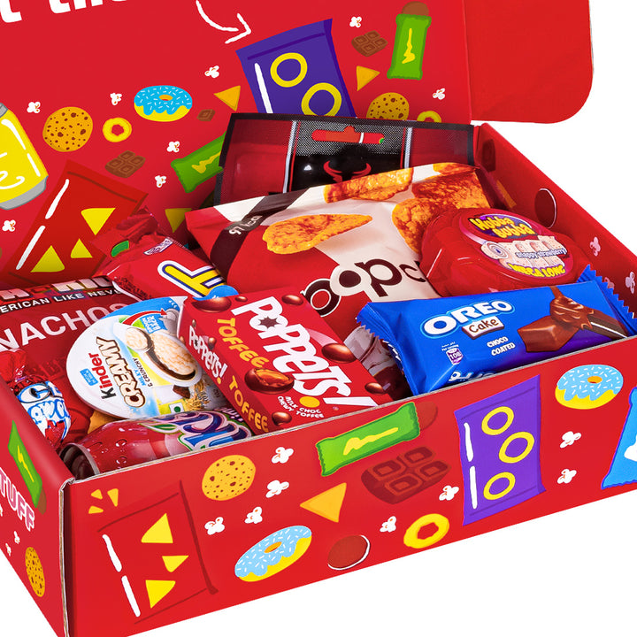 Snack Box "Te quiero", caja sorpresa de 20 snack dulces, salados y bebidas 