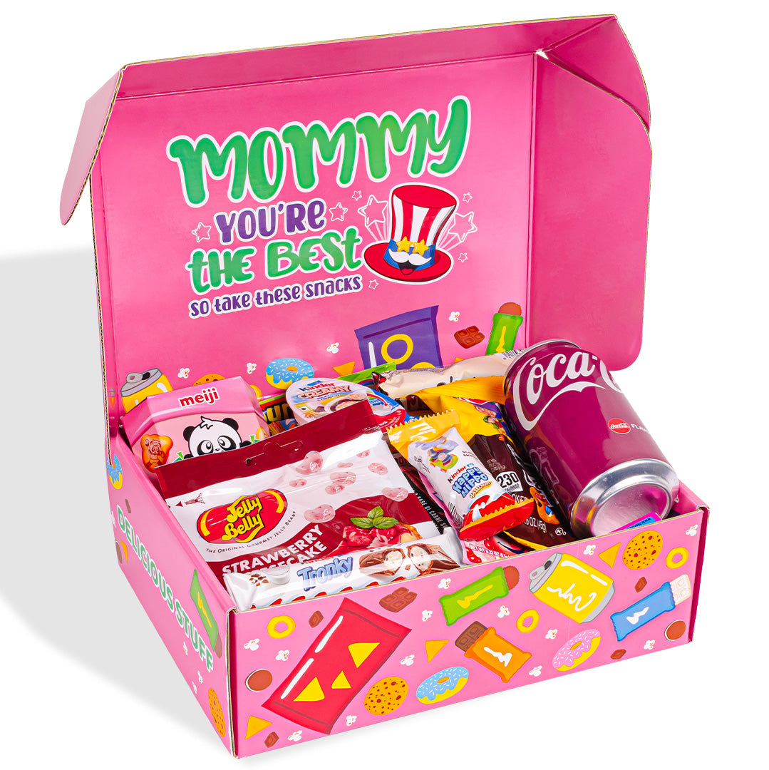 Snack box “Super Mommy”, caja sorpresa de 20 snack dulces, salados y bebidas para mamá 