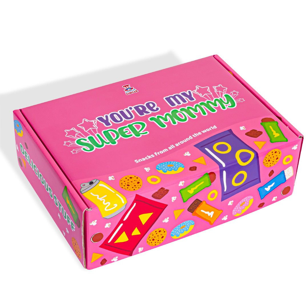 Snack box “Super Mommy”, caja sorpresa de 20 snack dulces, salados y bebidas para mamá 
