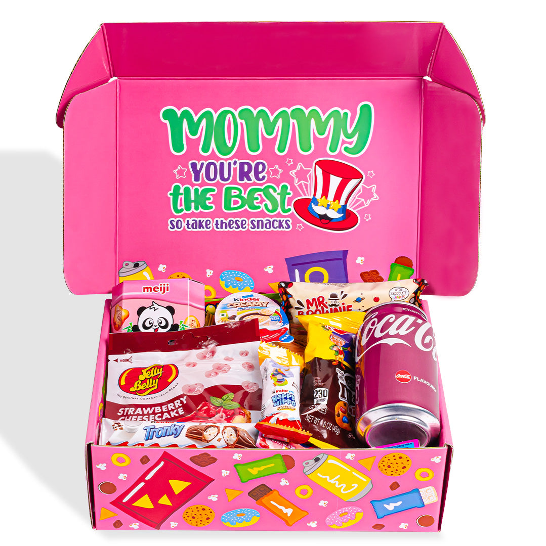 Snack box “Super Mommy”, caja sorpresa de 20 snack dulces, salados y bebidas para mamá 