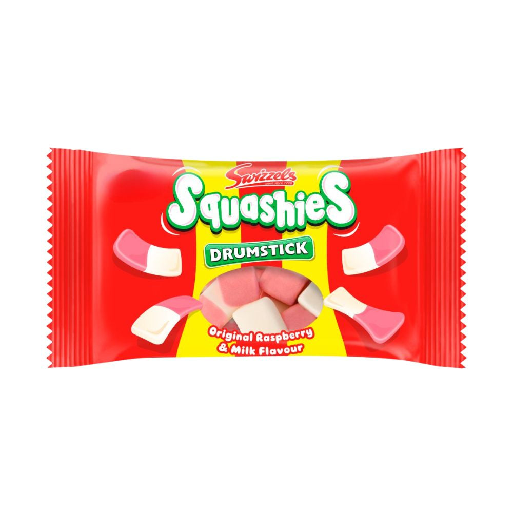 Swizzels Squashies Drumstick Original Raspberry & Milk Flavour, caramelle gommose al gusto di latte e lampone da 60g.