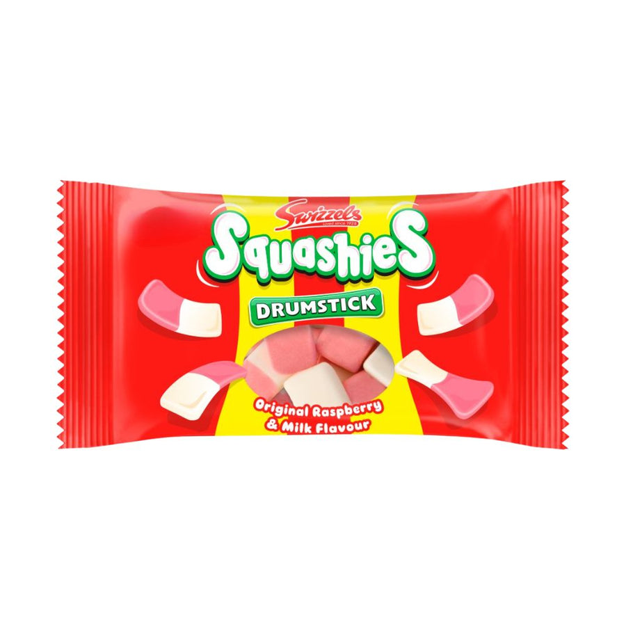 Swizzels Squashies Drumstick Original Raspberry & Milk Flavour, caramelle gommose al gusto di latte e lampone da 60g.