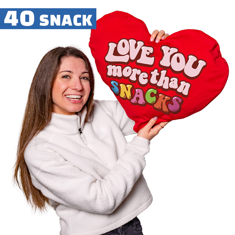 Corazón de San Valentín L, cojín en forma de corazón con 40 snack dulces y salados sorpresa 