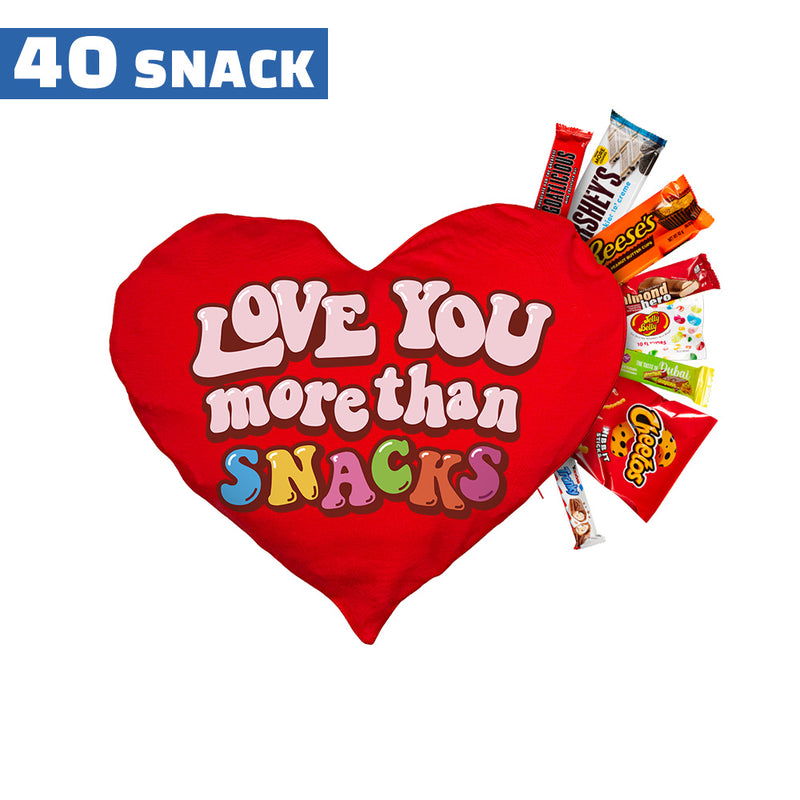 Corazón de San Valentín L, cojín en forma de corazón con 40 snack dulces y salados sorpresa 