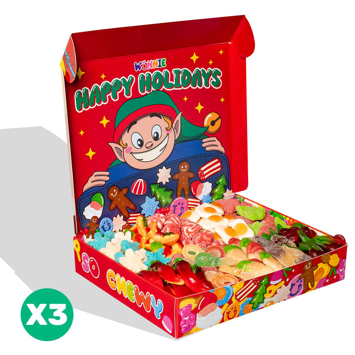3x Wunnie box “Felices Fiestas”, 3 cajas de caramelos de goma para componer con tus sabores favoritos 