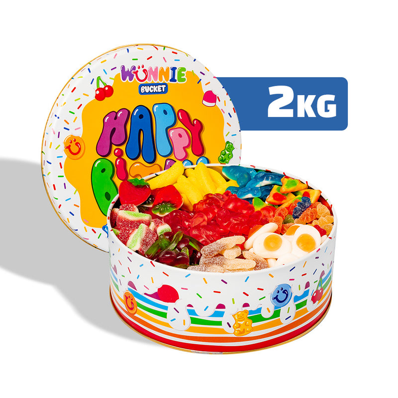 Wunnie Bucket “Feliz Cumpleaños”, lata de caramelos de goma para componer con los sabores preferidos del cumpleañero - 2 kg 