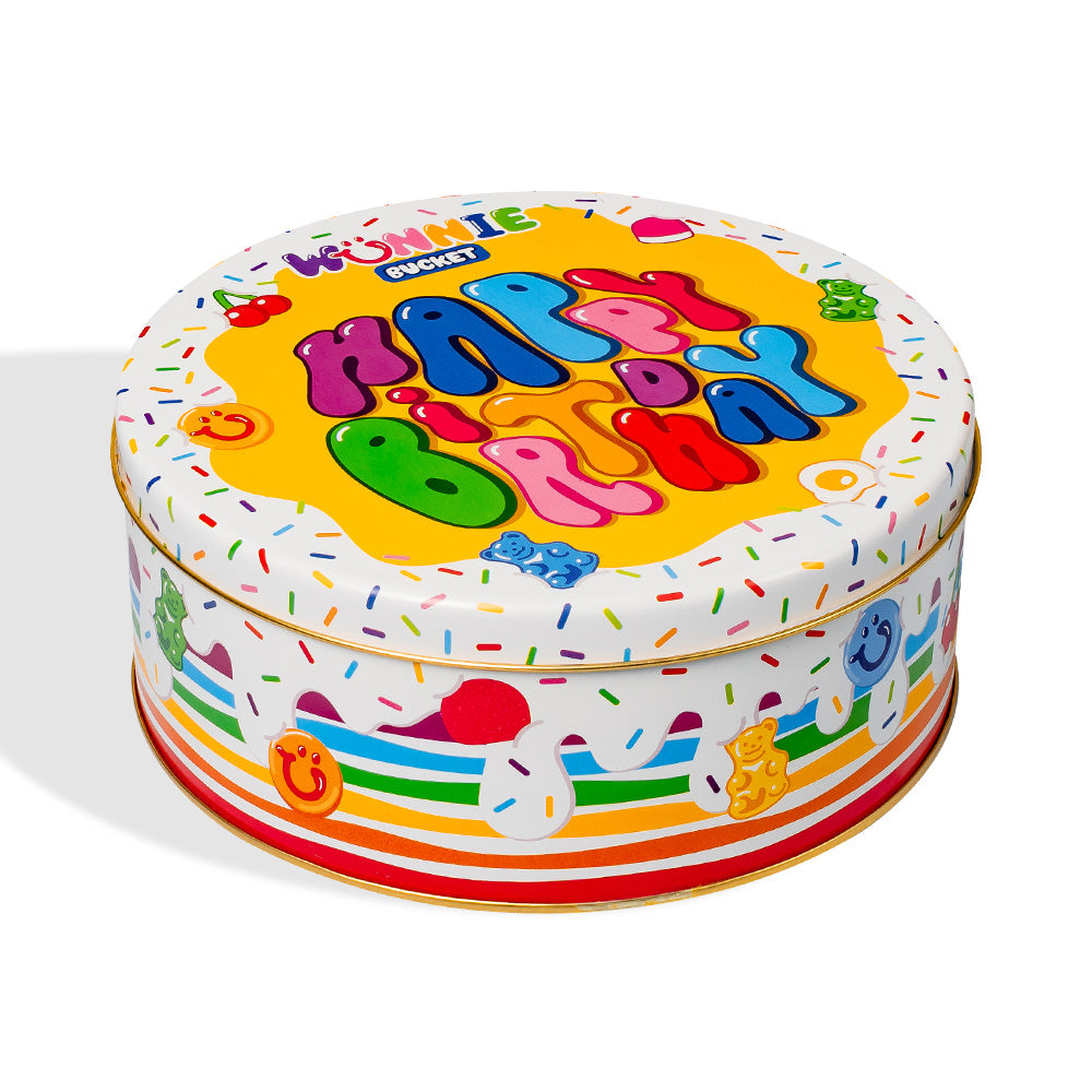 Wunnie Bucket “Feliz Cumpleaños”, lata de caramelos de goma para componer con los sabores preferidos del cumpleañero - 2 kg 