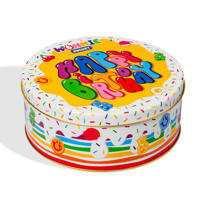 Wunnie Bucket “Feliz Cumpleaños”, lata de caramelos de goma para componer con los sabores preferidos del cumpleañero - 2 kg 