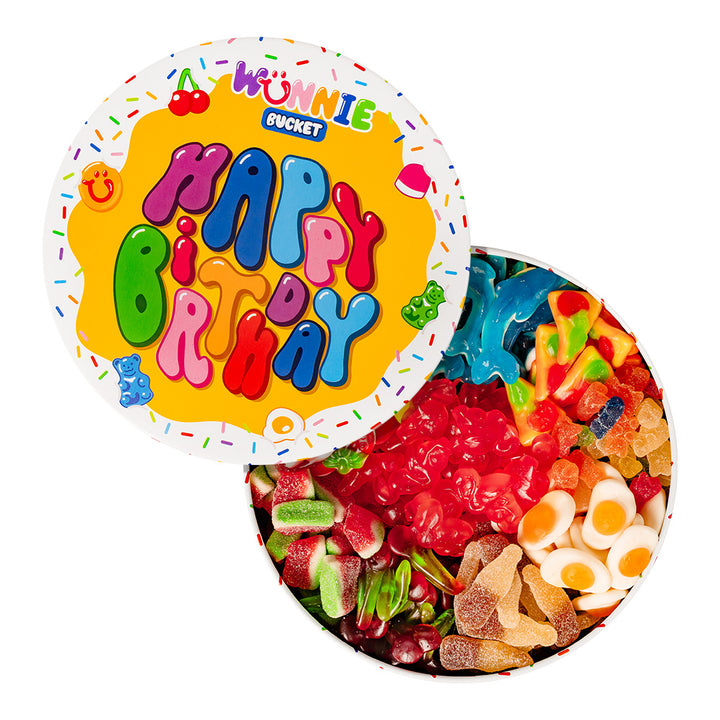 Wunnie Bucket “Feliz Cumpleaños”, lata de caramelos de goma para componer con los sabores preferidos del cumpleañero - 2 kg 