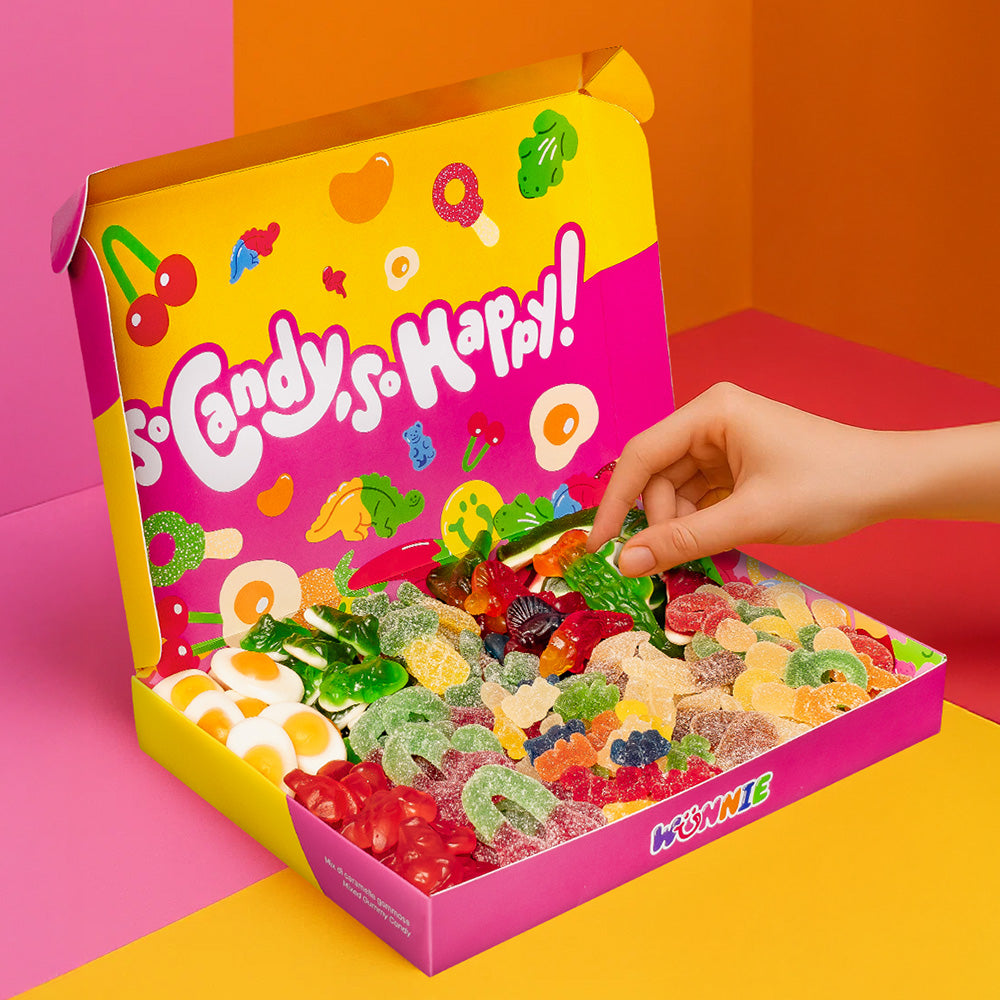 Scatola Wunnie Box So Candy So Happy gialle e rosa piena di caramelle