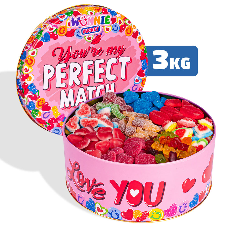 Paquete de 3kg de lata de caramelos Wunnie bucket eres mi pareja perfecta