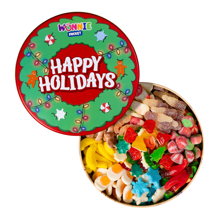 wunnie bucket happy holiday 2 kg aperto con composizione d'esempio di caramelle
