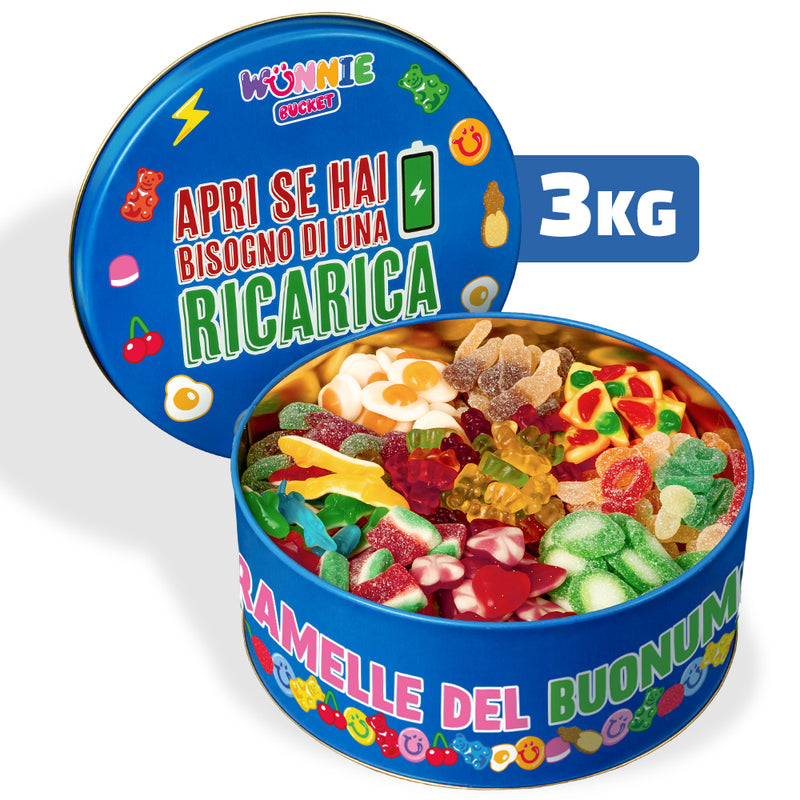 Wunnie Bucket "Abre si necesitas una recarga", lata de caramelos gomosos para componer con tus sabores favoritos - 3kg (Wunnie Días) 