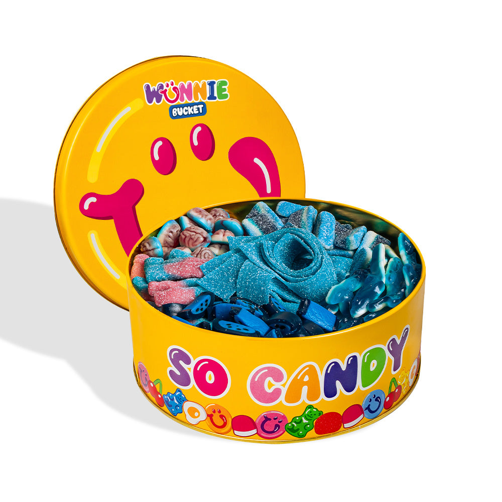 Wunnie bucket mezcla azul: lata llena de caramelos gomosos azules