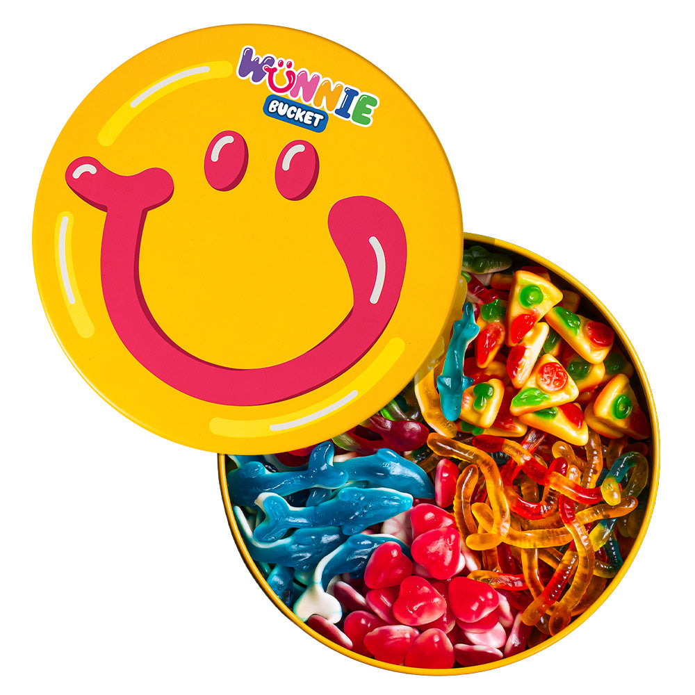 Wunnie Bucket con caramelos gomosos lisos como corazones, delfines, pizzas