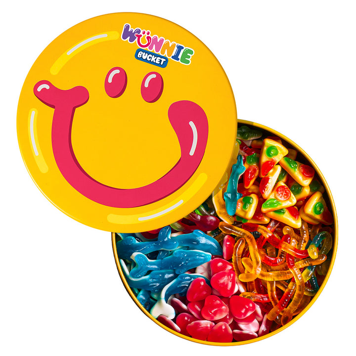 Wunnie Bucket con caramelos gomosos lisos como corazones, delfines, pizzas